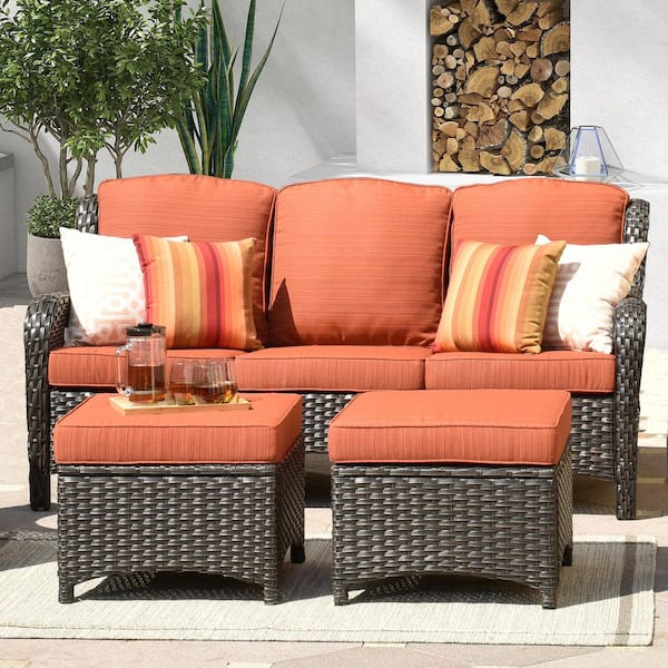 XIZZI Alps Brown Wicker Outdoor Couch Patio Sofa with Orange Red Cushions and Ottoman