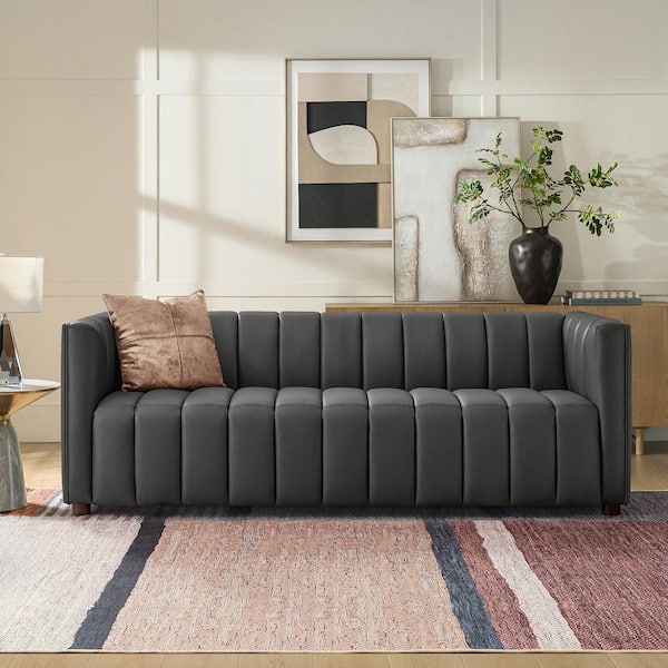 Pachynus 83 in.Wide Square Arm Genuine Leather Rectangle Contemporary Channel-tufted Sofa in Charcoal
