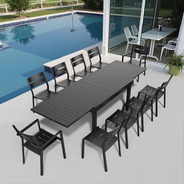 Black 11-Piece Aluminum Outdoor Dining Set with Expandable Rectangle 106 in. Table and Stackable Chairs for 8-10 Person