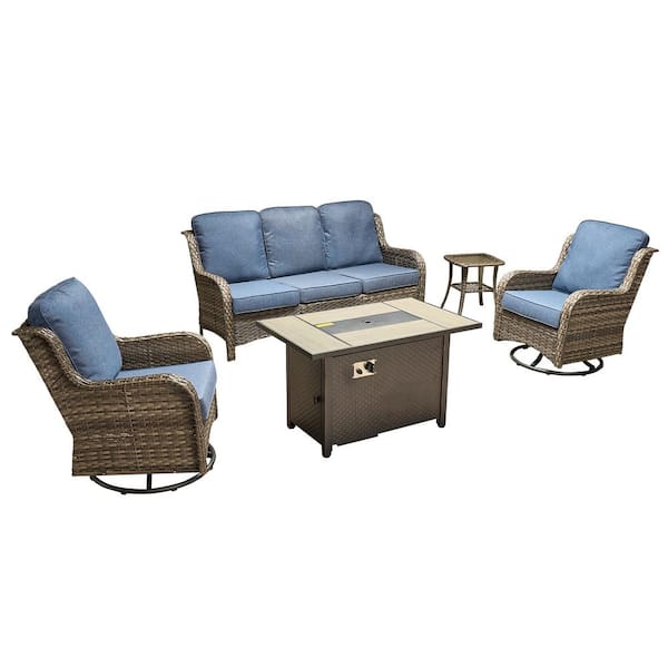 Joyoung Gray 5-Piece Wicker Patio Rectangle Fire Pit Conversation Set with Denim Blue Cushions and Swivel Chairs