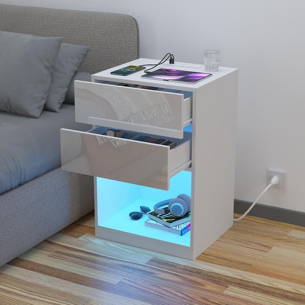 Hommpa Modern White 2-Drawer 26.77 in. H x 17.72 in. W x 15.75 in. D Nightstand with Charging Station and RGB LED Light