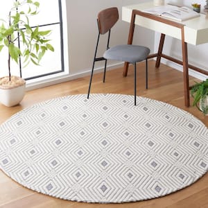 Marbella Collection Ivory Grey 6 ft. x 6 ft. Geometric Plaid Round Area Rug