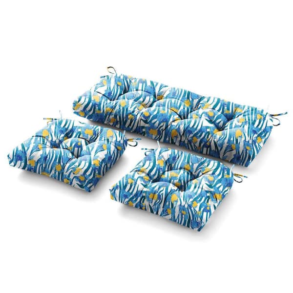 3 Piece Outdoor Loveseat Cushions Deep Seating 19"L x 44"W x 5"H For Patio Furniture Cushion With Tie, White Blue Floral