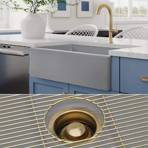 Luxury Matte Gray Solid Fireclay 33 in. Single Bowl Farmhouse Apron Kitchen Sink with Matte Gold Accs and Flat Front