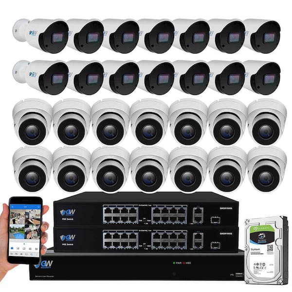 GW Security 32-Channel 8MP 8TB NVR Smart Security Camera System with 16 Wired Turret and 16 Bullet Cameras 3.6 mm Fixed Lens AI, Mic