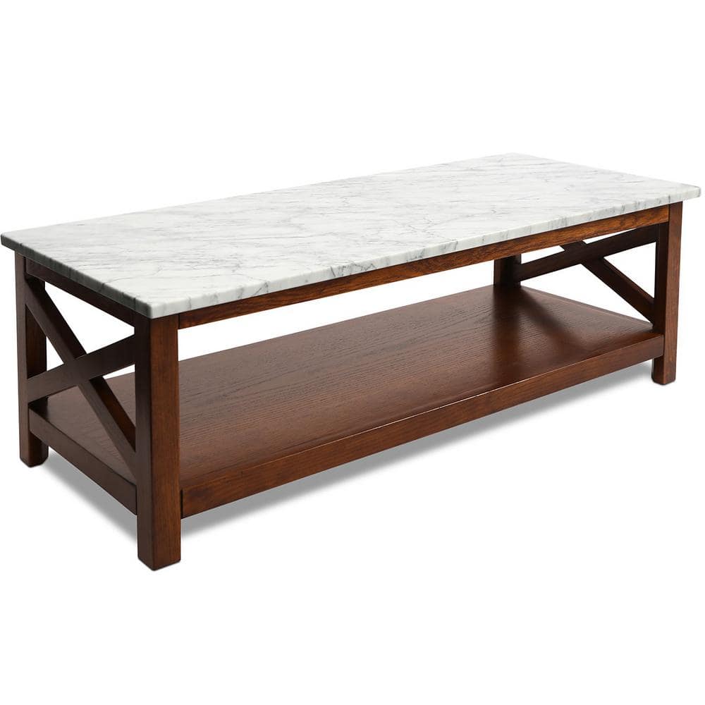 Agatha 44" Rectangular White Marble Coffee Table with Walnut Wood Legs