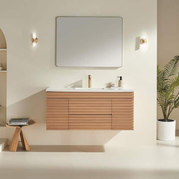 Vera 48 in. W x 18.3 in. D x 19.5 in. H Single Sink Floating Bath Vanity in Natural Walnut with White Ceramics Top
