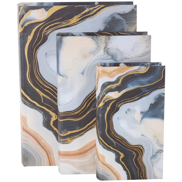 Rectangle Faux Leather Faux Book Storage Geode Box with Gold Accents (Set of 3)