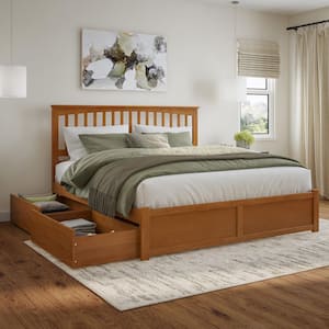 Mission Light Toffee Natural Bronze Solid Wood Frame King Platform Bed with Footboard and Storage Drawers