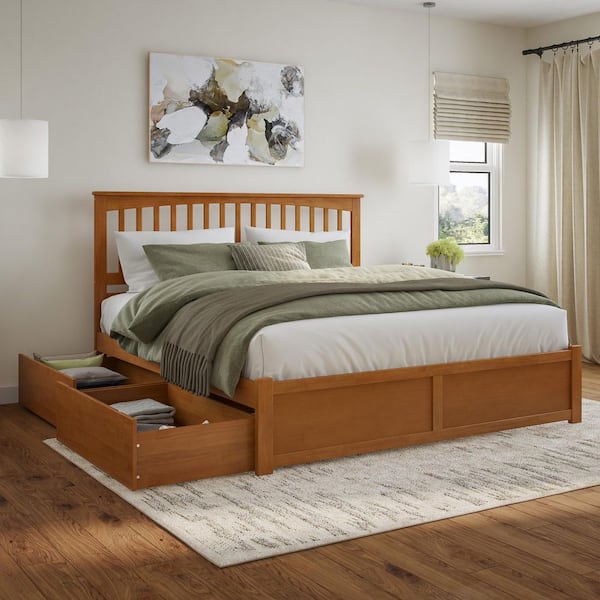 Mission Light Toffee Natural Bronze Solid Wood Frame King Platform Bed with Footboard and Storage Drawers