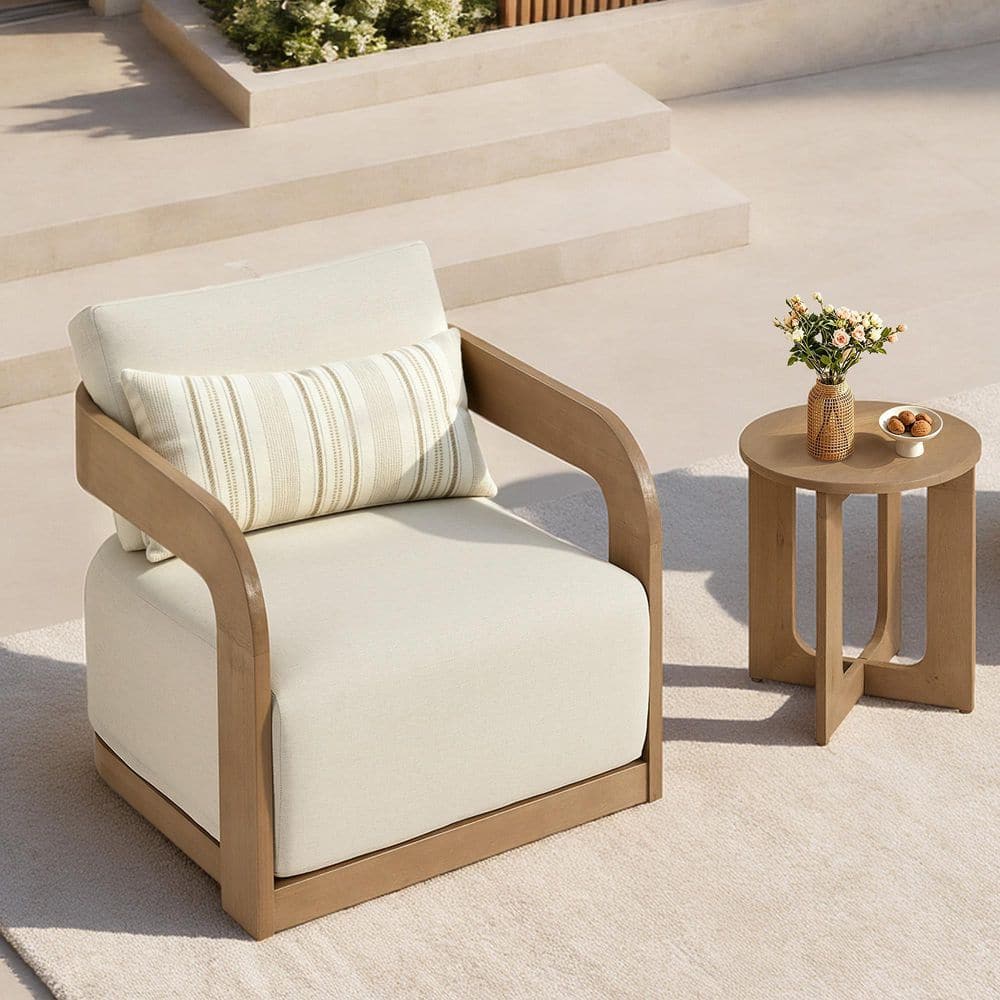 Prynn 2-Piece Brown Eucalyptus Wood Olefin Cream Swivel Chair and Side Table Outdoor Bistro Set with 13 in.Cream Cushion