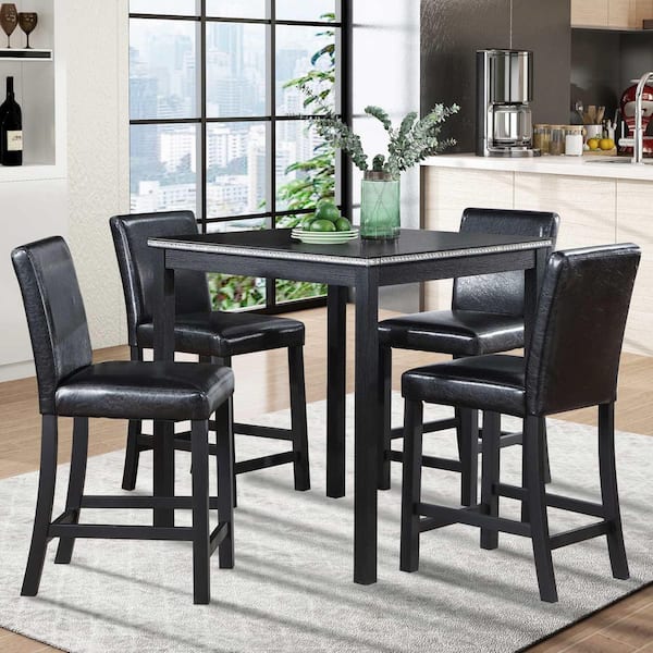 5-Piece Square Black Wood Top Dining Room Set Seats 4
