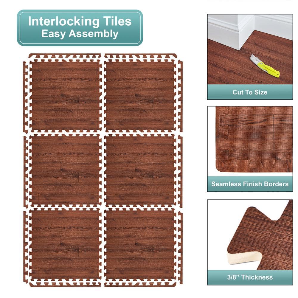 Mahogany 24" Square Interlocking Foam Floor Tiles with Wood Grain Finish