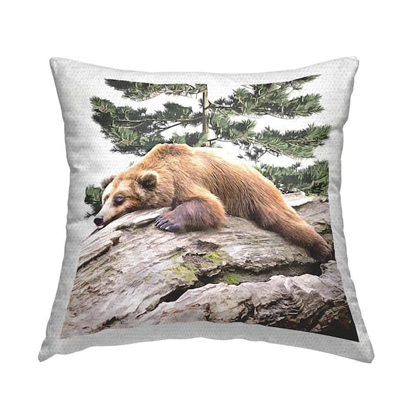 Sleepy Bear Woodland Forest Brown Square Outdoor Throw Pillow
