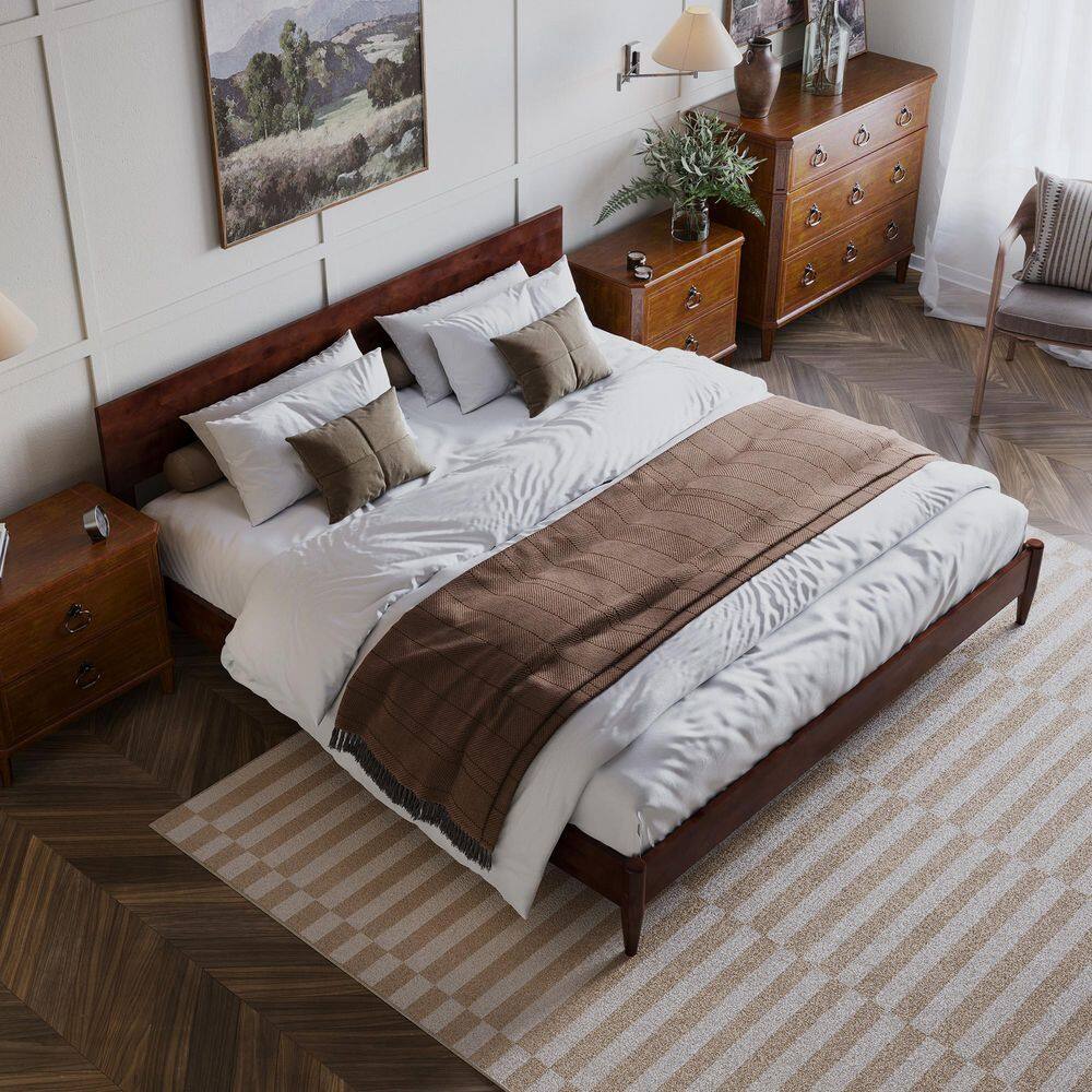 Aria King Walnut Wood Low Profile Platform Bed with Headboard