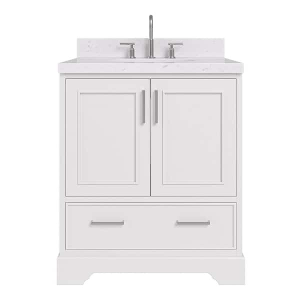 Stafford 30 in. W x 22 in. D x 36 in. H Single Sink Freestanding Bath Vanity in White with Carrara White Quartz Top