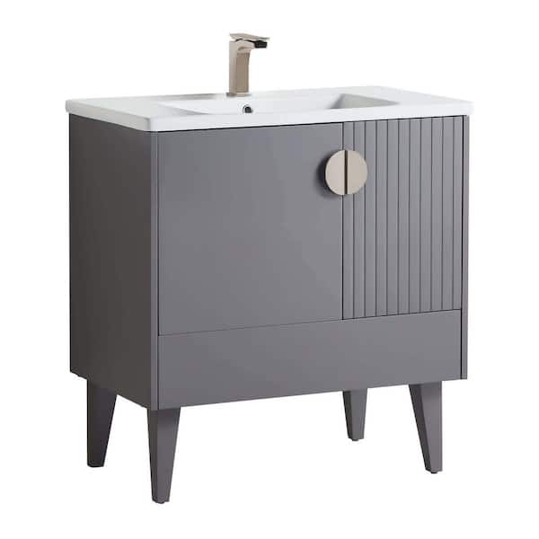 FINE FIXTURES Venezian 30 in. W x 18.11 in. D x 33 in. H Bathroom Vanity Side Cabinet in Rock Gray with White Ceramic Top