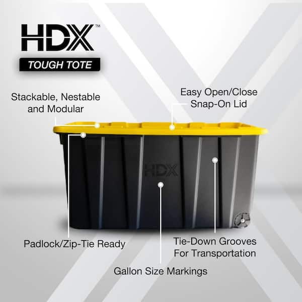 HDX 77 Gal. Tough Storage Tote with Wheels in Black with Yellow