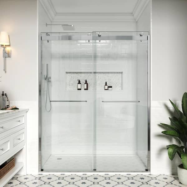 60 in. W x 76 in. H Double Sliding Semi-Frameless Bypass Shower Door in Brushed Nickel with Easy-Clean 3/8 in. Glass