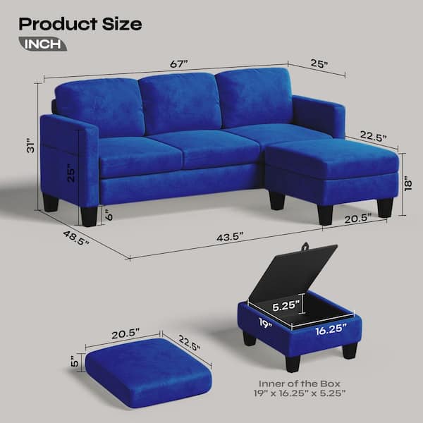 PINMOCO 67 in. Velvet L-Shaped Sofa Modular Sofa with Storage