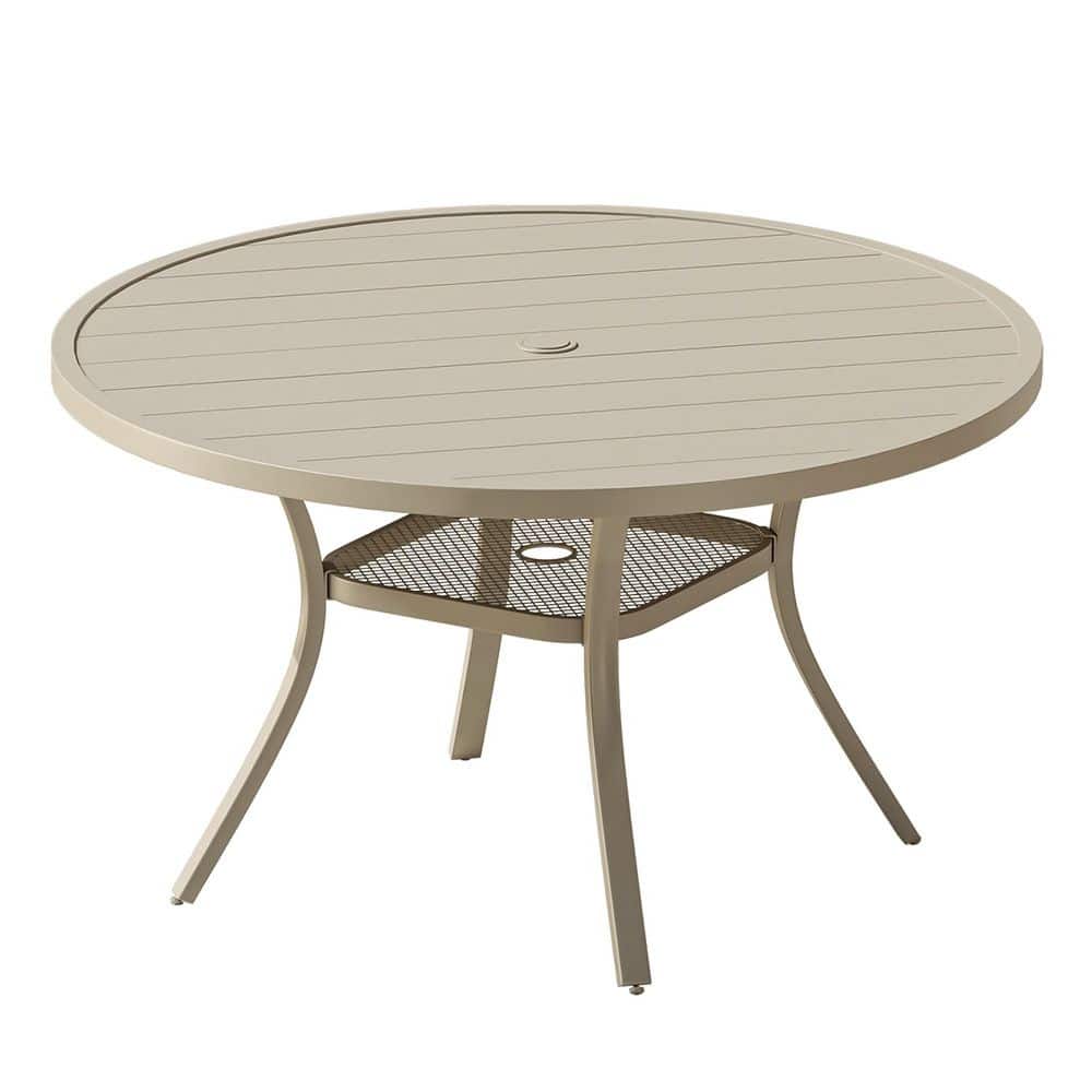 47.2 in. Sandshell Round Metal Outdoor Dining Table for 4-6 with Adjustable Umbrella Hole and Slatted Top for Lawn price history on PriceWatchPro