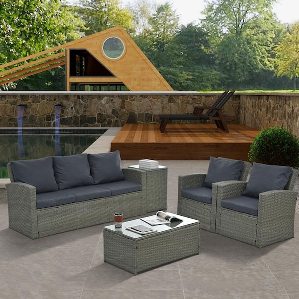 Tunearary Outdoor Patio 5-Piece PE Wicker Furniture Set with Tempered Glass Coffee Table and Gray Cushion Cushions