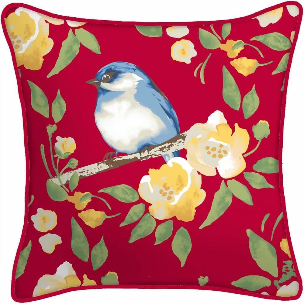 Red and Bluebird Floral Reversible Square Outdoor Throw Pillow Set