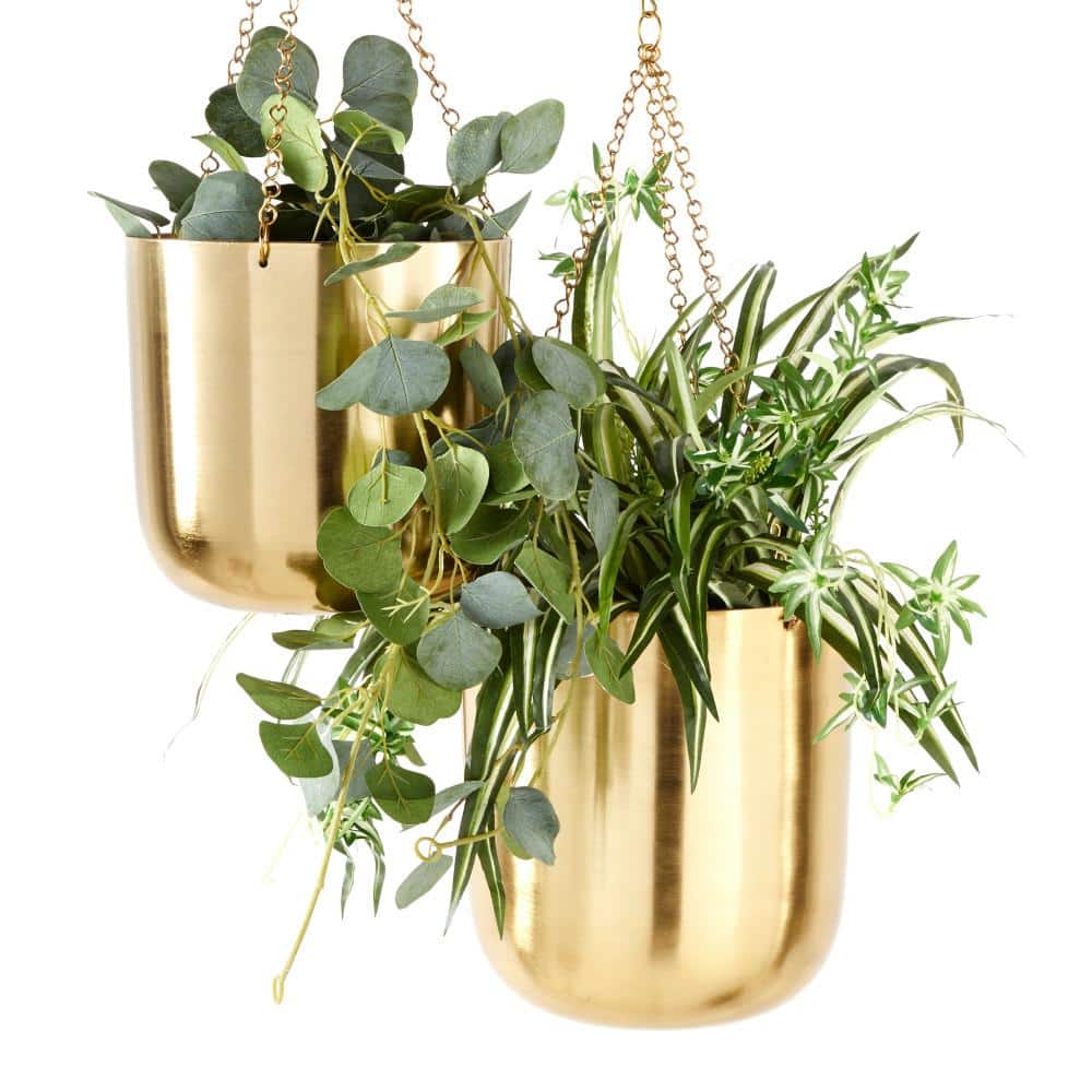 Elegant Gold Iron Hanging Planter Duo for Indoor & Outdoor Decor