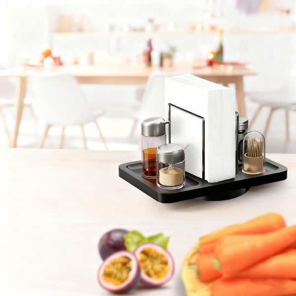 Black Rotating Metal Napkin Holder with Salt and Pepper Shakers Caddy for Kitchen Not Including Shakers