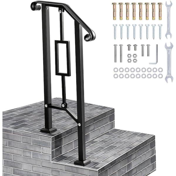 Outdoor Handrails Heavy Duty Double Post Railing Fits 1-2 Steps with Installation Kit for Concrete Porch, Black (1-Pack)