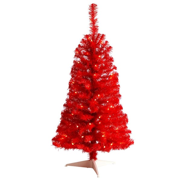 Nearly Natural 3 ft. Red Artificial Christmas Tree with 50 LED Lights and 118 Bendable Branches