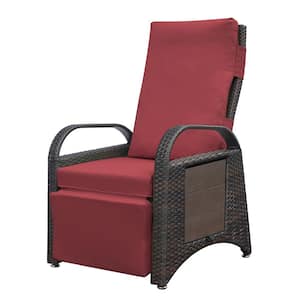 Brown Wicker Outdoor Chaise Lounge with Adjustable Tilt and Red-1 Removable Cushion