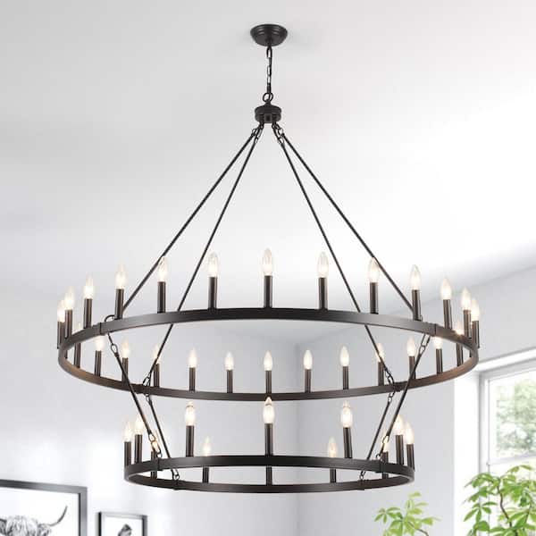 Farmhouse 52 in. 40-Light 2-Tier Black Metal XL Wagon Wheel Chandelier Hanging Ceiling Light for High Ceiling (No Bulbs)