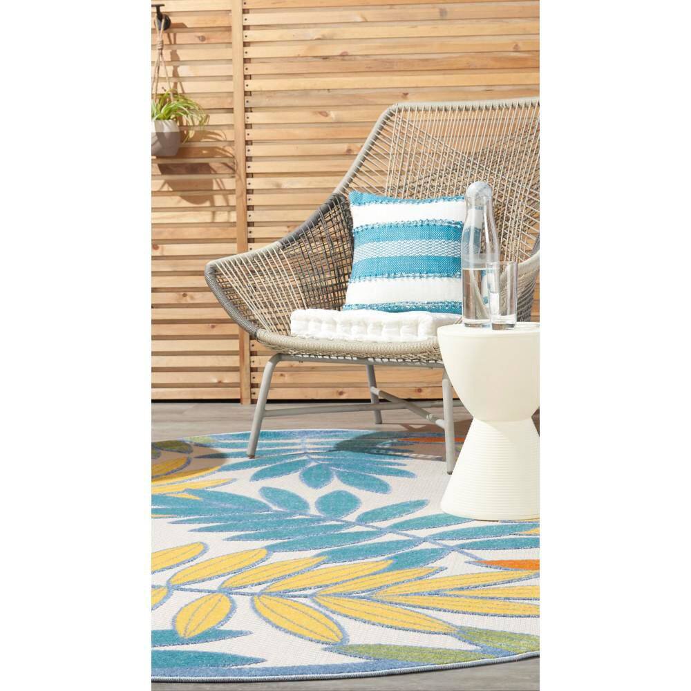 Ivory Multi Floral Round Synthetic Outdoor Rug