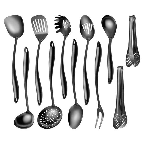 Stainlss Steel Kitchen Utensils Set with Spatula, Spoon, Ladle, Skimmer, Turner, Pasta Server, Tongs, Black