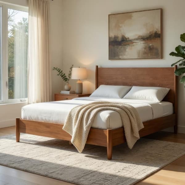 Roma Brown Wood Frame King Size Panel Bed with Headboard