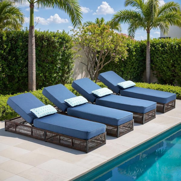 ArcoBay Brown Wicker Outdoor Chaise Lounge with 5 in. Thick Navy Blue Cushions (4-Pack)