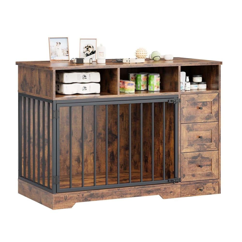 Farmhouse Wooden Dog Crate Furniture with 3 Drawers Hidden Stainless Steel Bowls and Double Latches 48 in. Brown price history on PriceWatchPro