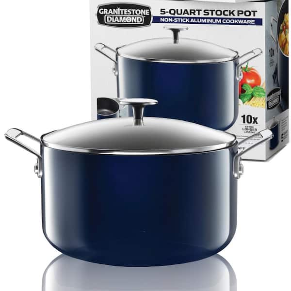 GRANITESTONE 5 qt. Round Navy Aluminum Nonstick Ultra-Durable Mineral and Diamond Coating Gradient Brasier Stock Pot with Lid