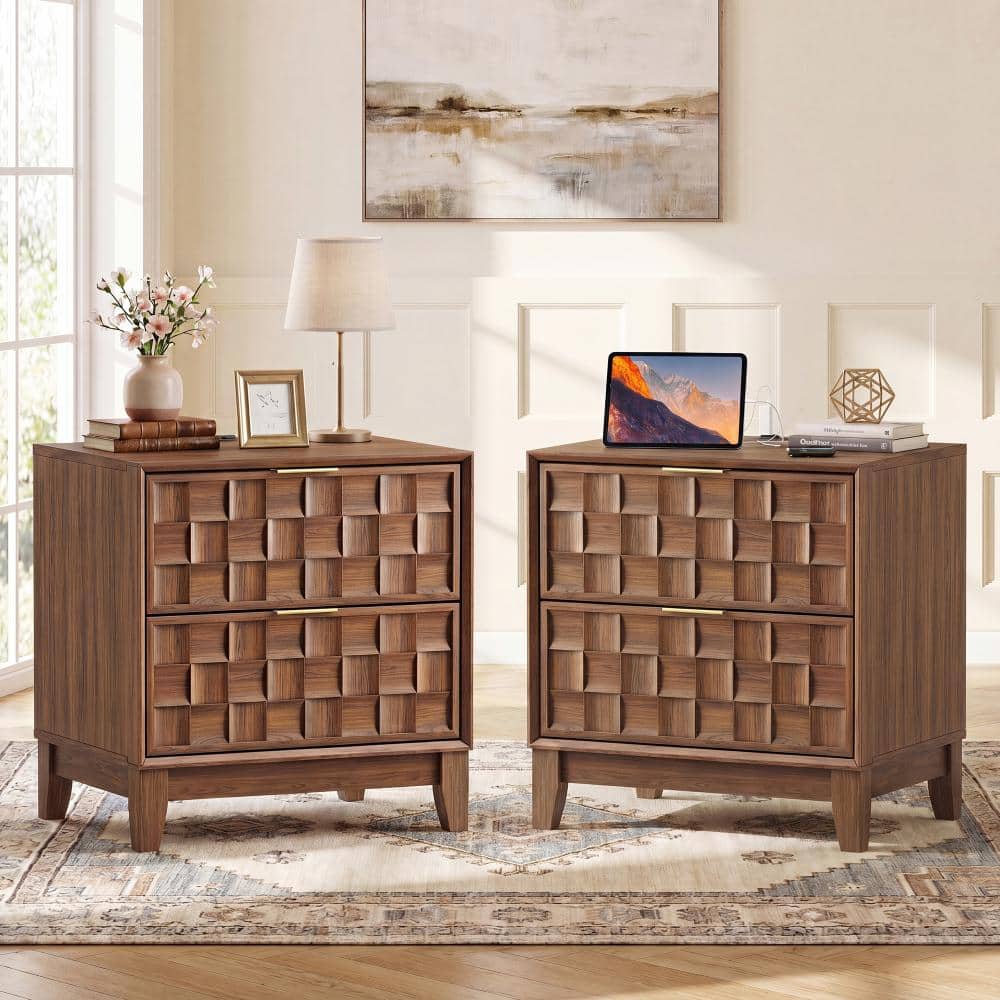 Walnut Modern 2-Drawer 21.06 in. W Solid Wood Nightstand Bedside Table with Storage(set of 2)
