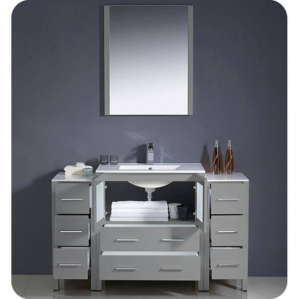 Gray Engineered Wood Modern Freestanding Vanity Base with Frosted Glass Doors