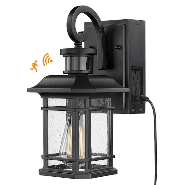 JAZAVA Black Motion Sensing Weather Resistant Outdoor Hardwired Wall Lantern Scone with Seeded Glass Shade No Bulbs Included