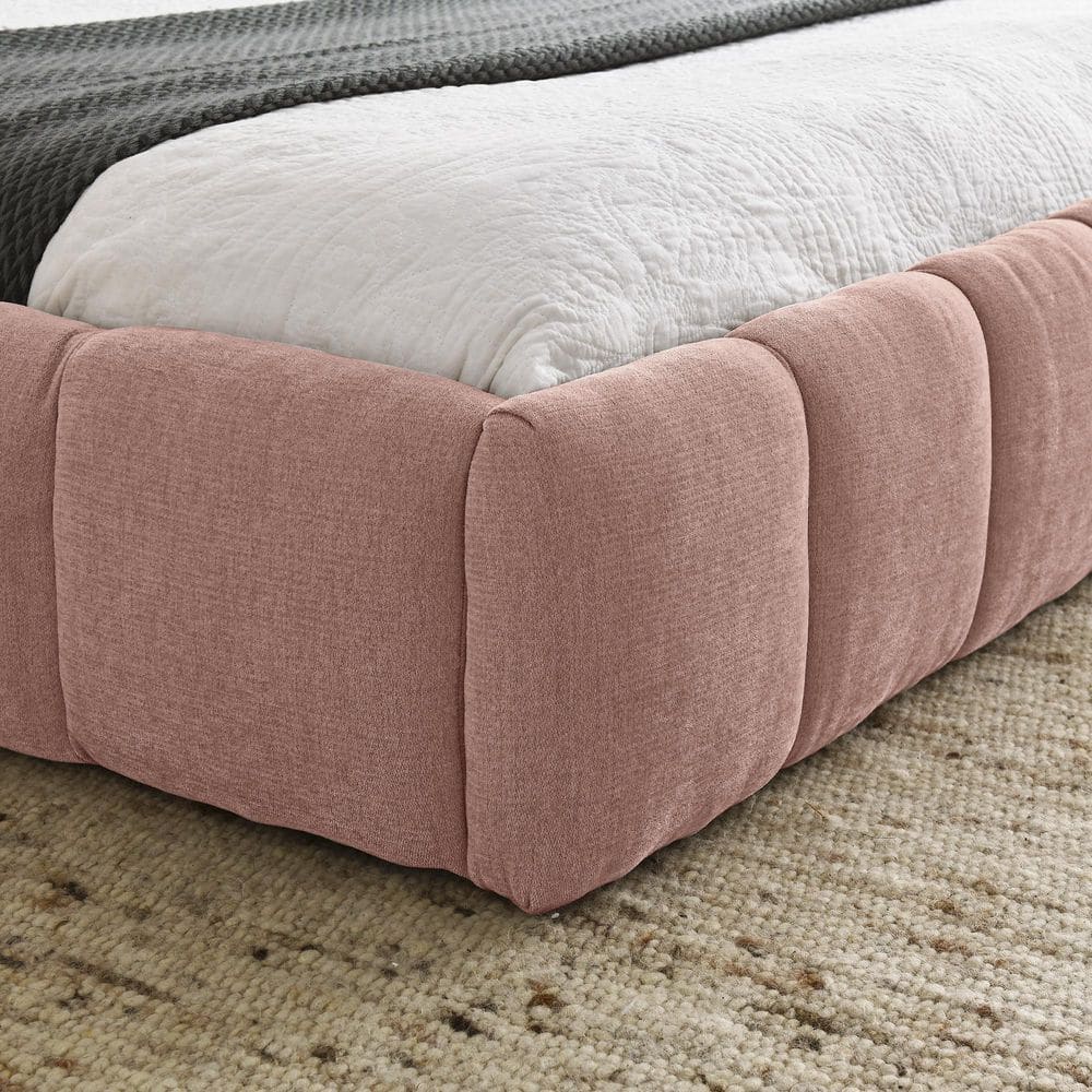 Elfin Beige Wood Frame Queen Size Platform Bed with Chenille Upholstered Headboard - thumbnail 6