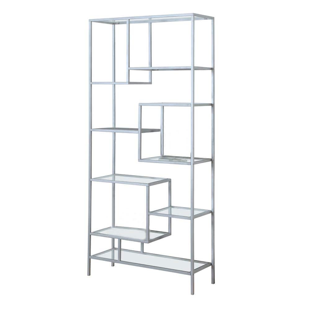 HomeRoots 72 in. Jasmine Tempered Glass Silver Clear Metal 9-Shelf Bookcase, Silver/Clear -  333392