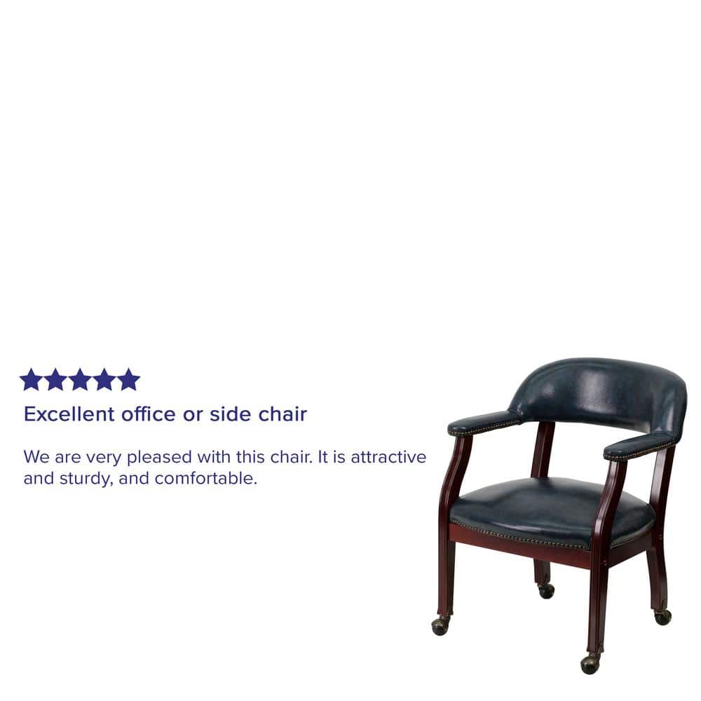 Navy Vinyl Captain's Conference Chair with Brass Casters and Mahogany Frame