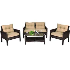 4-Piece Wicker Patio Conversation Set Rattan Sofa Set with Beige Cushions and Coffee Table