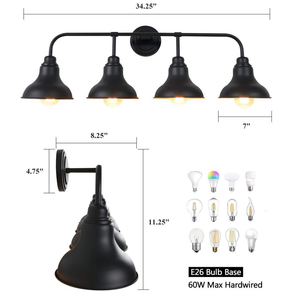 Black Metal 4-Light Industrial Vanity Wall Sconce