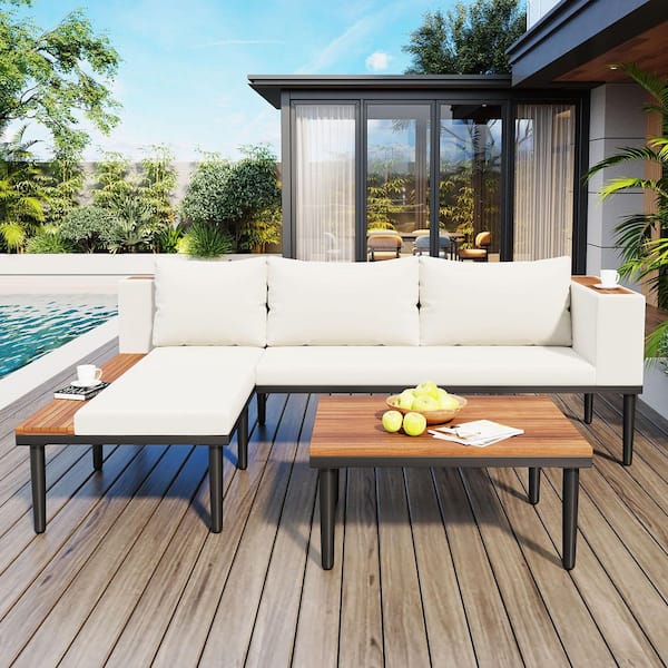 Patio Wood Outdoor Sectional Set with Beige Removable Cushions