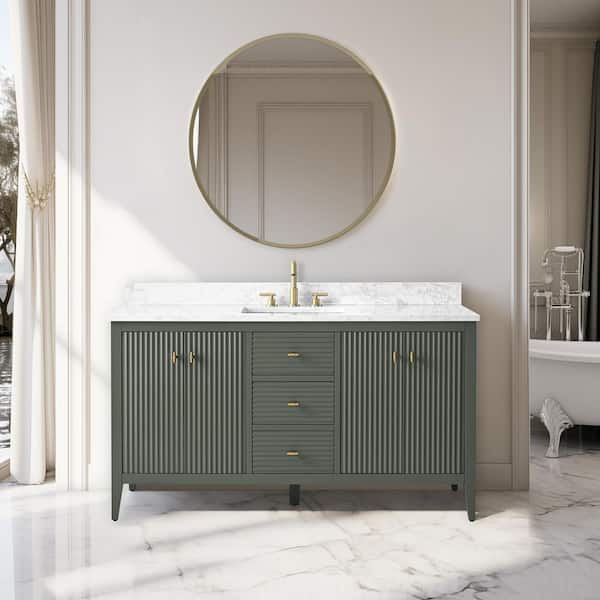 Vanity Art 60 in. W x 22 in D x 38 in. H Single Sink Bath Vanity Cabinet in Linear Vintage Green with White Engineered Marble Top