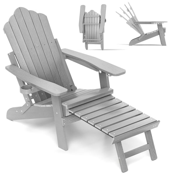 Gray HIPS Plastic Patio Adirondack Lounge Chair with Retractable Footrest(1-Pack)